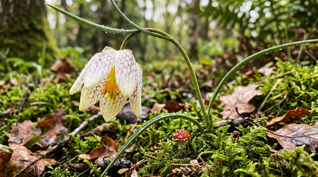 Fritillaria imperialis flower in a forest with green moss and brown leaves on the ground