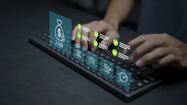 Digital loan platform concept. Person typing keyboard with fintech and approval icons, online financing, personal loan management and secure financial transactions.