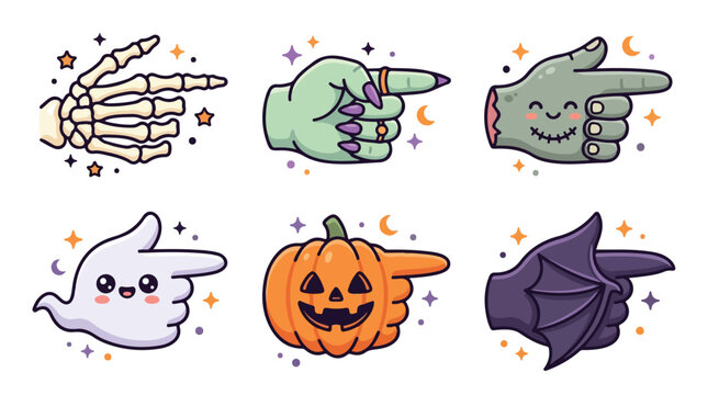 Cute Halloween Pointing Monster Hands Vector Set, Kawaii Ghost Pumpkin Bat and Skeleton Directional Icons on White
