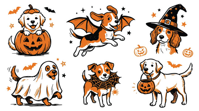 Cute Halloween Dogs and Puppies Vector Set, Playful Pets in Witch Ghost Bat and Pumpkin Costumes on White Background