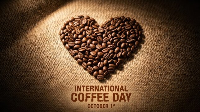Heart shape made of coffee beans on burlap sack.