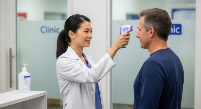 Doctor taking forehead temperature of male patient with infrared thermometer in clinic examination room, health screening