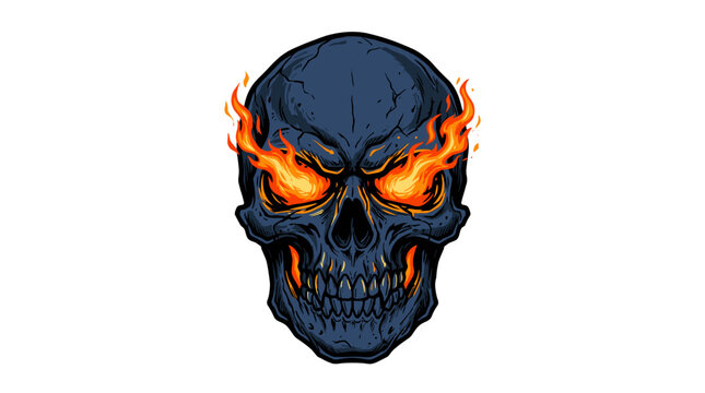 Digital illustration of a dark skull with fiery eyes and glowing flames for a horror theme