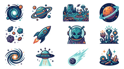 Elegant Space Themed Icons Set with Vibrant Colors Planets UFOs Aliens Rockets and Cosmic Elements © Tobel