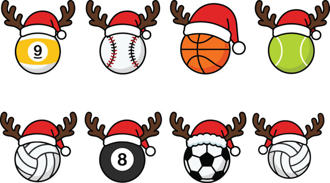Christmas Sports Balls Bundle with Santa Hat and Reindeer Antlers Kawaii Vector Clipart Collection
