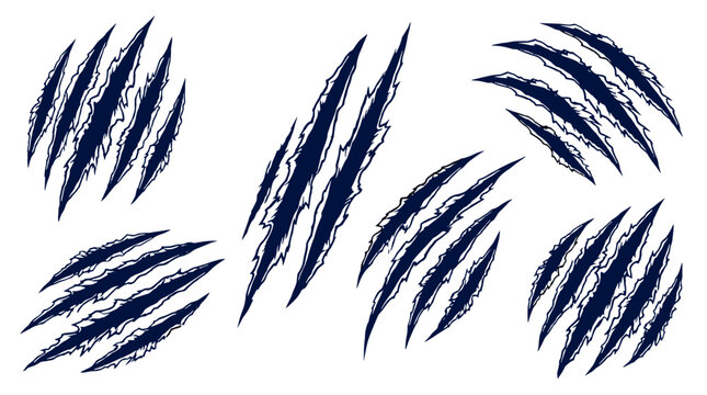 Collection of dark blue claw marks scratches on a for design or art projects