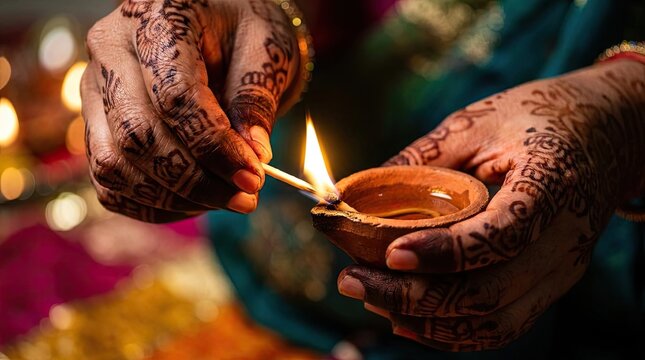 Henna hands lighting clay diya lamp for Diwali.