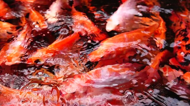 Supper Slow HD 240fps A detailed top-down view of bright orange and red fish moving continuously under the water surface.