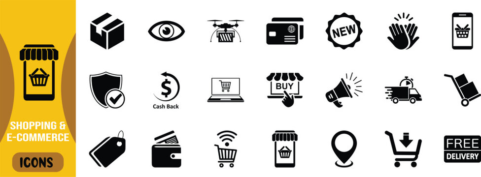 Online shopping e-commerce store icons. shoppingcart icon set, package icon set, creditcard icon set