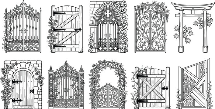 Hand drawn collection of decorative garden gates and entryways in various architectural styles
