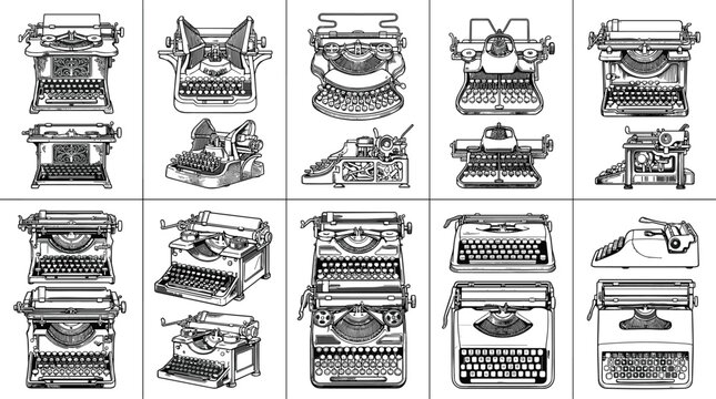 Hand drawn set of vintage manual typewriters and classic office writing machines illustration