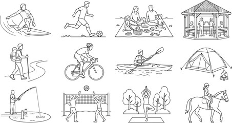 Obraz premium Set of outdoor activities and summer recreation icons line art isolated on white background