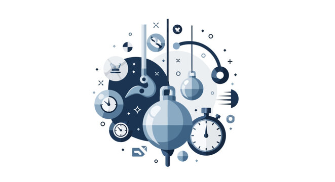Modern Flat Illustration Representing Time Management, Productivity, and Physics with Stopwatch, Pendulum, and Clock Icons