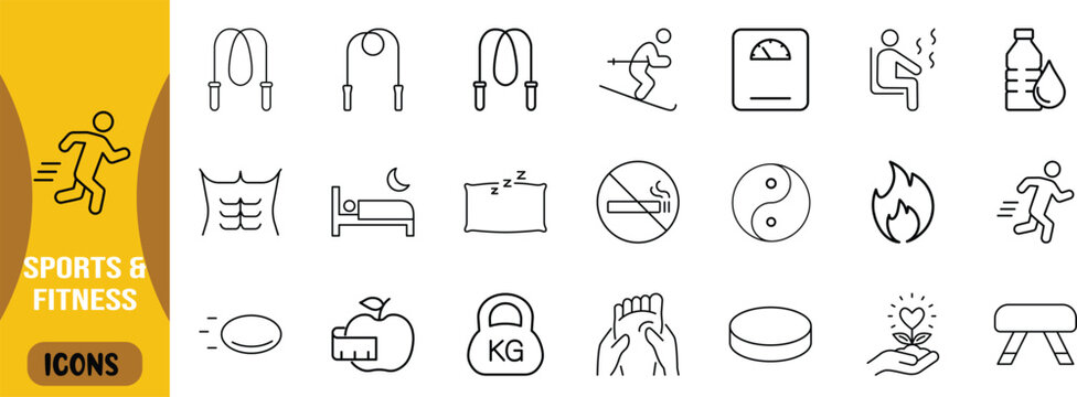 Sports fitness healthy lifestyle outlines. kettlebell icon set, runner icon set, apple icon set