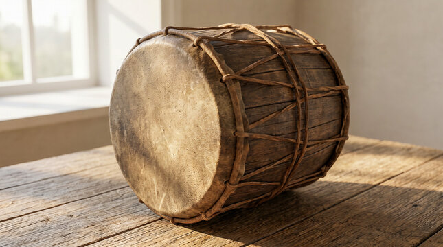 Tambor artesanal tradicional con acabados de madera y cuero fotografiado con iluminaci&oacute;n natural y estilo premium.