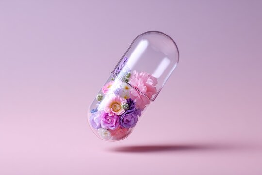 Clear glass capsule packed with colorful flowers floating, soft light and shallow depth of field
