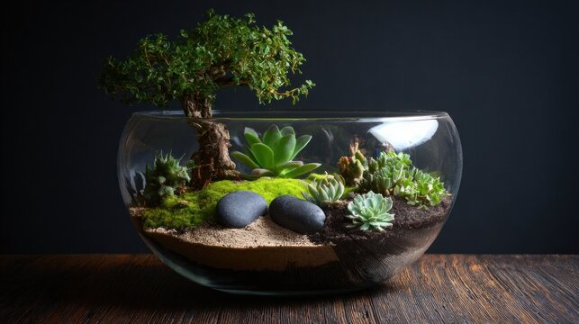 A clear glass terrarium holds a bonsai, succulents, moss, and dark pebbles on dark wood