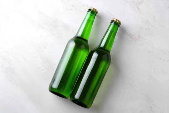 Two closed green lager bottles with golden caps lie flat on a bright white marble background