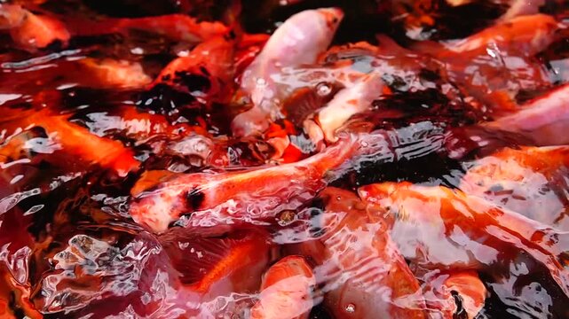 Supper Slow HD 240fps A detailed top-down view of bright orange and red fish moving continuously under the water surface.
