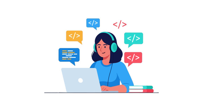 Female Software Developer Character Coding on Laptop with Headphones and Code Icons Vector Illustration