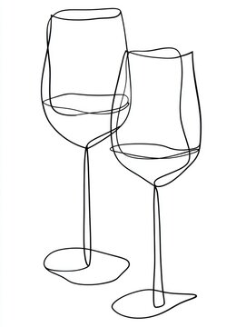 Black continuous line art depicting two elegant wineglasses on a clear background