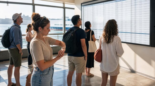 Commuters checking ferry timetable