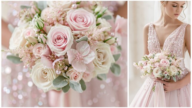 Elegant woman in a sparkling blush dress holds a delicate bouquet of pink and cream roses
