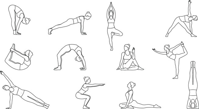 Yoga poses icon set featuring women practicing various stretches exercises and healthy lifestyle line art vector