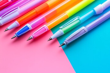 Fototapeta premium Colorful highlighter pens arranged on bright gradient background close up