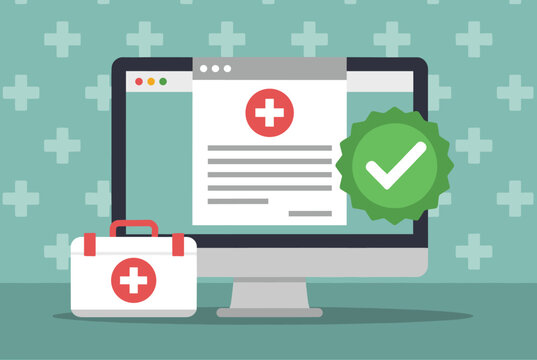 Digital health insurance and medical certification concept showing certificate on screen, first aid kit, vector.