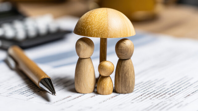 Family figures under umbrella on financial docs: life insurance & protection