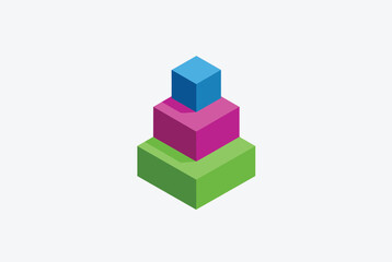 Naklejka premium Three-tier isometric pyramid of colored blocks in blue, magenta, and green representing hierarchy or stack levels.