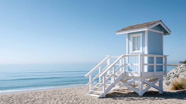 Light blue lifeguard tower stands on a sandy beach next to calm ocean waves on a clear day