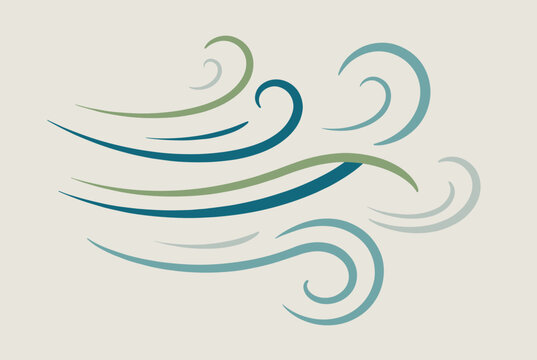 Abstract swirling wind gusts in soft green and blue colors representing breeze, air flow, and clean atmosphere.