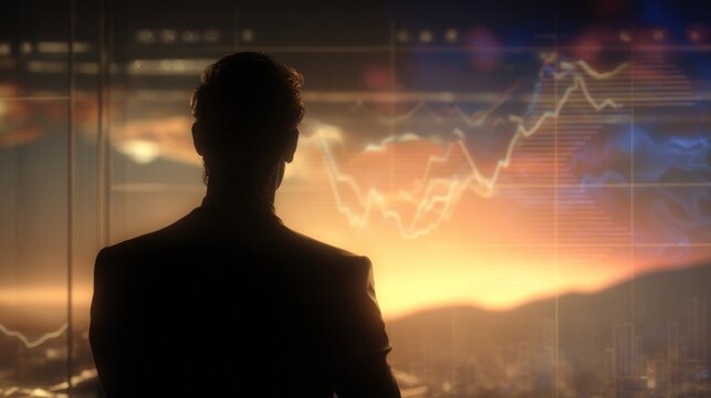 Back silhouette of a man in a suit contemplating global financial data at sunrise