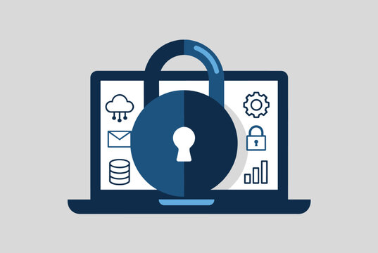 Laptop security interface overlayed with a large dark blue padlock protecting database and cloud systems on grey.