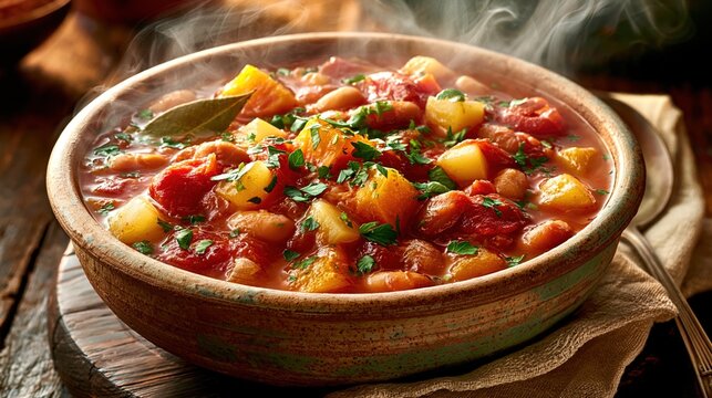 A rustic bowl of steaming Cuban Navy Bean Soup with parsley rests on a dark table