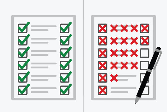 Survey sheets comparing feedback results with green checkmarks for correct answers and red cross marks for incorrect ones.