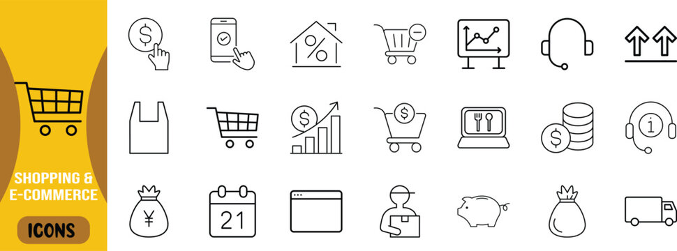 Online shopping e-commerce vector icons. shopping cart icon set, dollar icon set, smartphone icon set