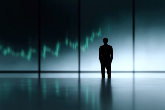 Solitary trader stands before glowing monitors displaying green stock market data surge