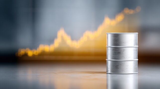 Metal oil barrels with an orange upward financial chart showing rising market prices