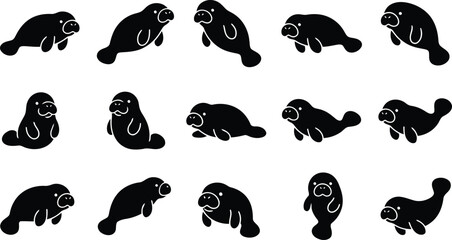 Fototapeta premium Cute Manatee Silhouette Set in Multiple Poses Vector Animal Icon CollectionCute Manatee Silhouette Set in Multiple Poses Vector Animal Icon Collection