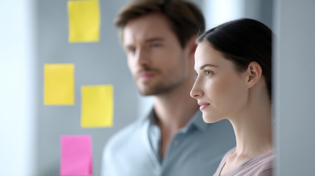 Colleagues brainstorm ideas with colorful sticky notes in a modern office, softly lit