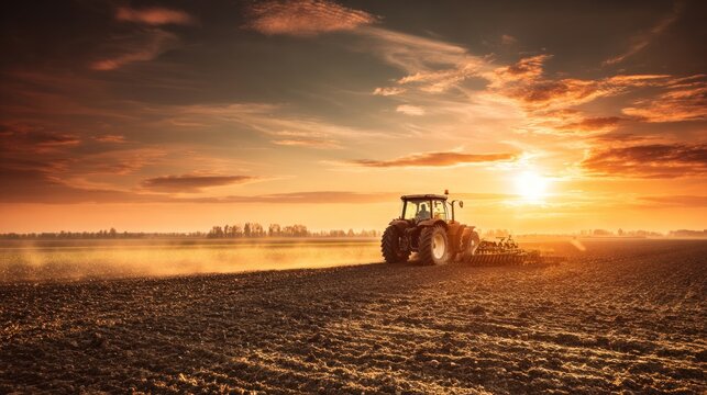 Powerful tractor plows freshly cultivated soil on vast farmland at sunset, golden light glows