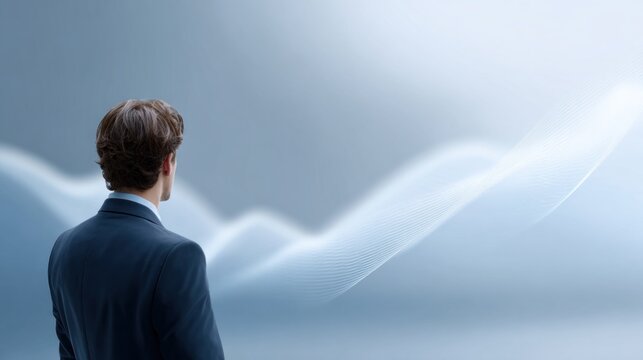 Man in a dark suit observing an abstract glowing upward trend in a high-tech setting