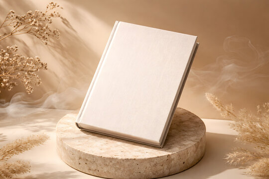 Blank Book Cover Mockup on Travertine Stone Podium with Dried Grass and Beige Backdrop