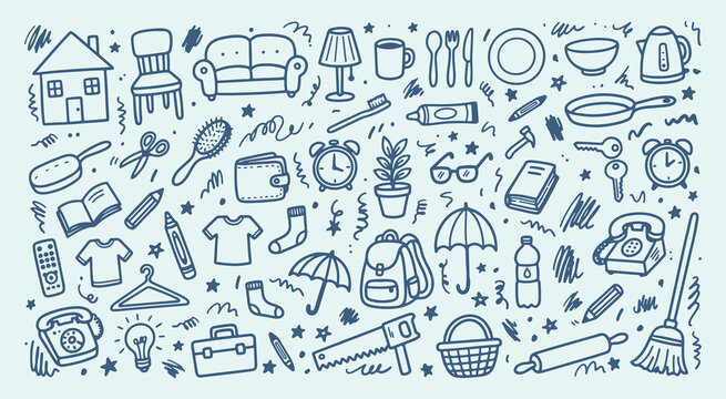Set of everyday household objects and personal items as hand drawn doodle icons for home lifestyle design