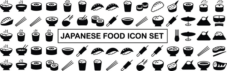 Japanese food set: sushi, ramen, rice bowl, chopsticks, chopsticks rest, sake d © Md2003