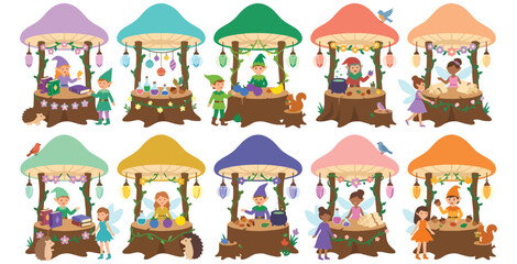 Fototapeta premium Set of fantasy mushroom market stalls with fairy and elf characters, vector illustration.
