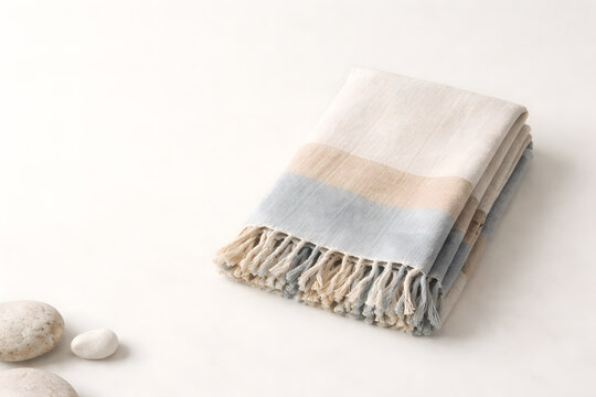 Folded Beige and Blue Fringed Throw Blanket with Smooth Stones on White Background